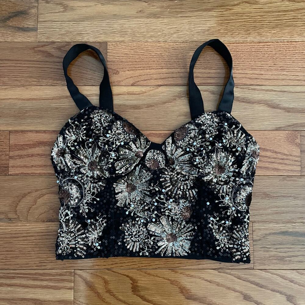 Zara Black Sequin Floral Embellished Crop Top